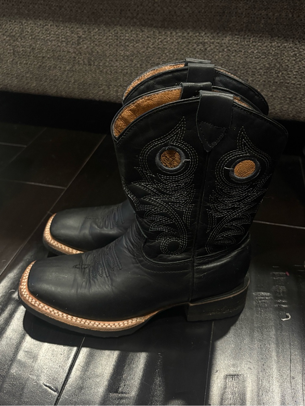 Women's Black Leather Western Ankle Boots with Tan Trim